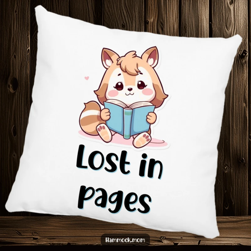 Funny playful animal character lounging with a book, soft and humorous decorative pillow.