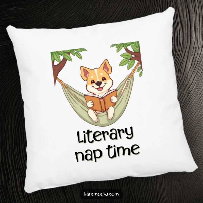 Funny dog pillow depicting a dog smirking while reading a book in a hammock, perfect for humorous comfort.