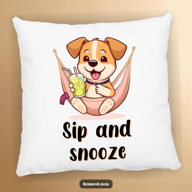 Funny dog pillow showing a dog lounging in a hammock with a drink, perfect for humorous comfort and relaxation.