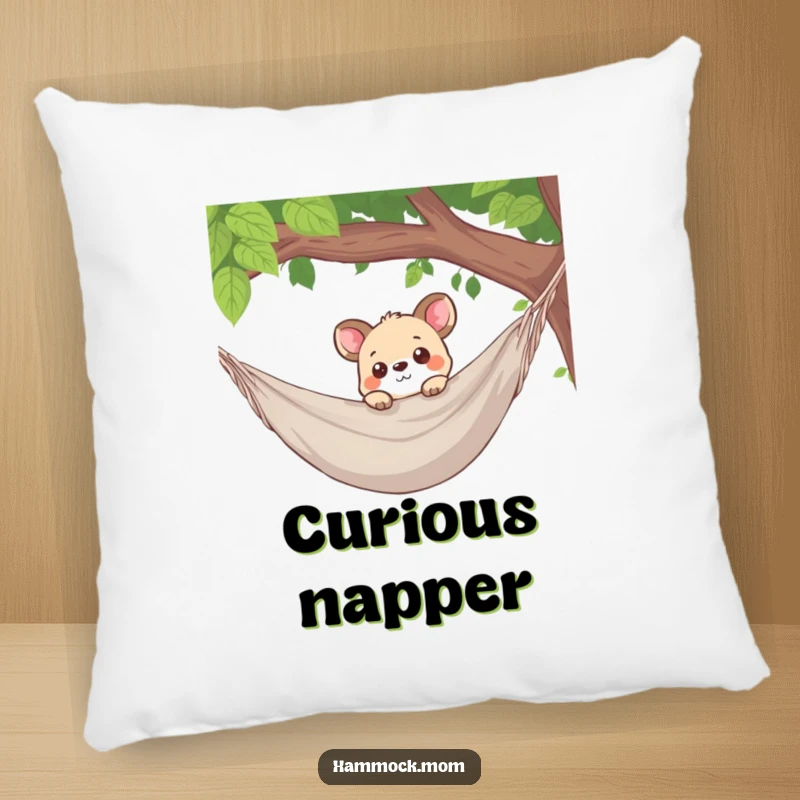 Funny pillow with a curious animal character peeking over a hammock edge, adding comfort and playful intrigue.