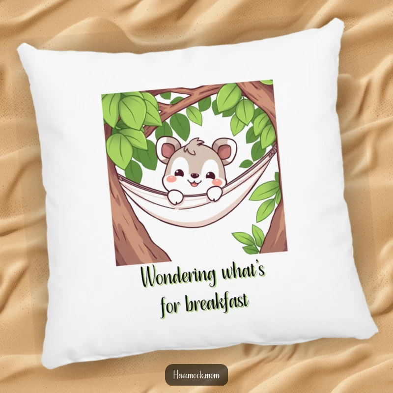 Funny pillow with a curious animal character peeking from a hammock with a grin, offering soft comfort and a touch of playful intrigue.