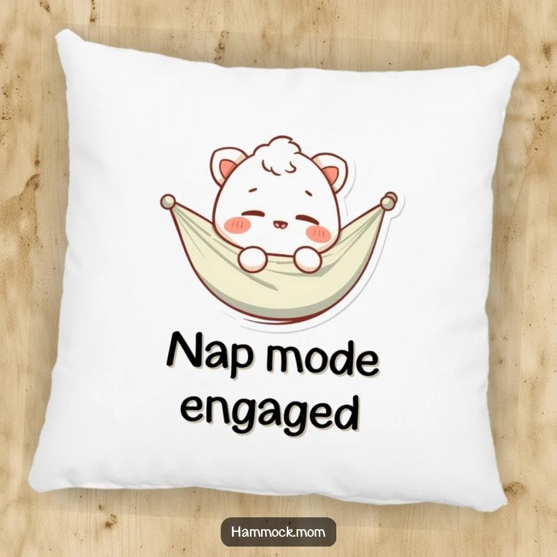 Funny pillow with a soft texture and a charming hammock animal character giving a cheeky wink, designed for comfort and humorous appeal.
