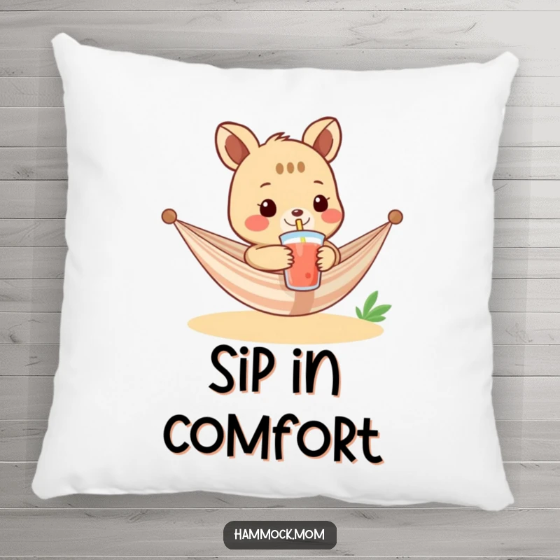 Funny pillow showcasing a relaxed hammock animal character holding a refreshing drink with a straw, designed for comfort and humorous appeal.