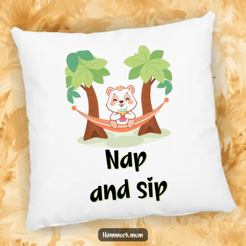 Funny pillow with a smiling animal character enjoying a drink in a hammock, offering plush comfort and humorous home decor.