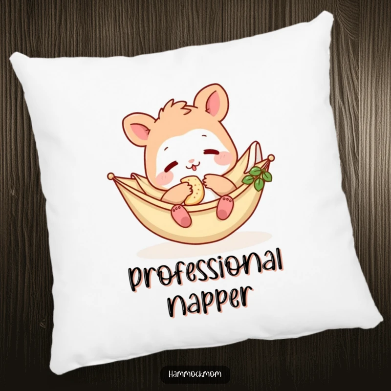 Funny Hammock Mom Animal Pillow: A cute cartoon mom animal relaxing in a hammock, holding a snack, adding funny charm to any room.