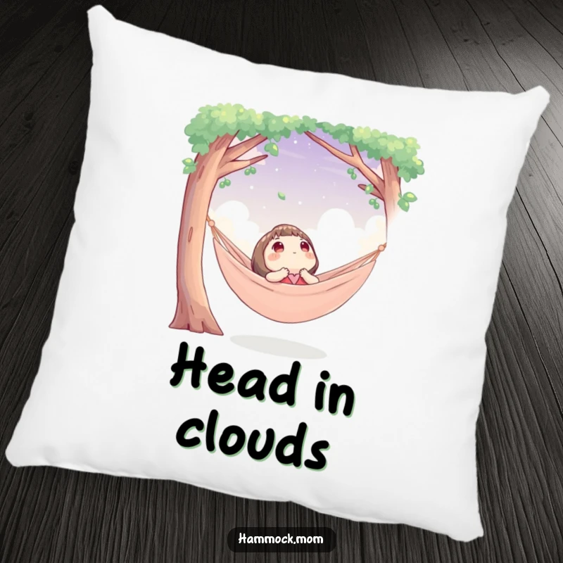 Funny pillow with a character in a cozy hammock, looking up at the sky, offering humorous comfort and peace.