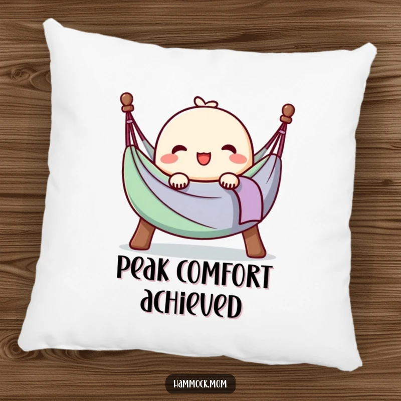 Funny pillow featuring a kawaii hammock character with a happy sigh, fully at ease, providing soft, comfortable, and relaxing decor.