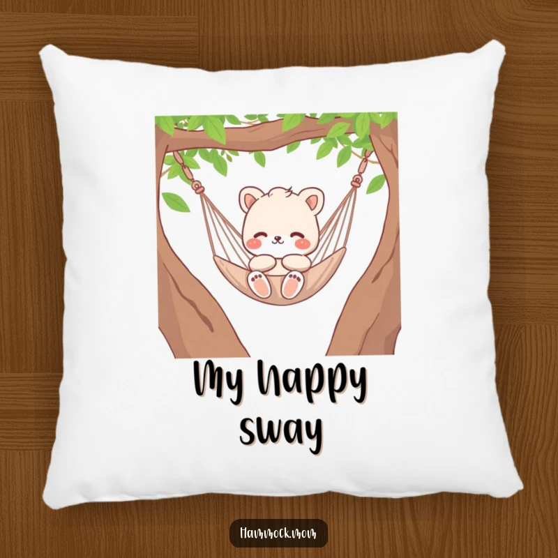 Funny animal character mom gently swinging in a hammock, soft and humorous decorative pillow.