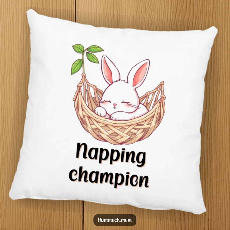 Funny bunny peacefully snoozing in a woven hammock on a decorative pillow, offering comfort and calm.