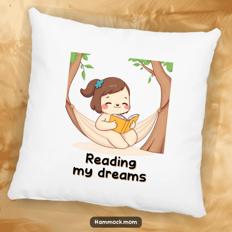 Funny Pillow depicting a mom animal reading a book in a hammock, offering hilarious literary comfort.