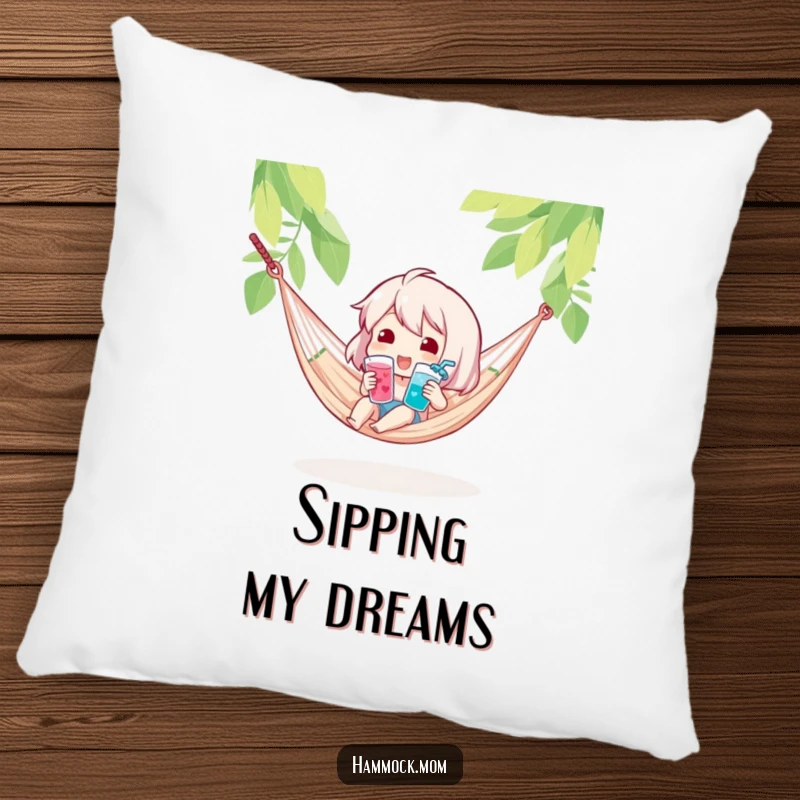 Funny pillow with a character holding a cool drink in a hammock, offering comfort and humorous, relaxed refreshment.