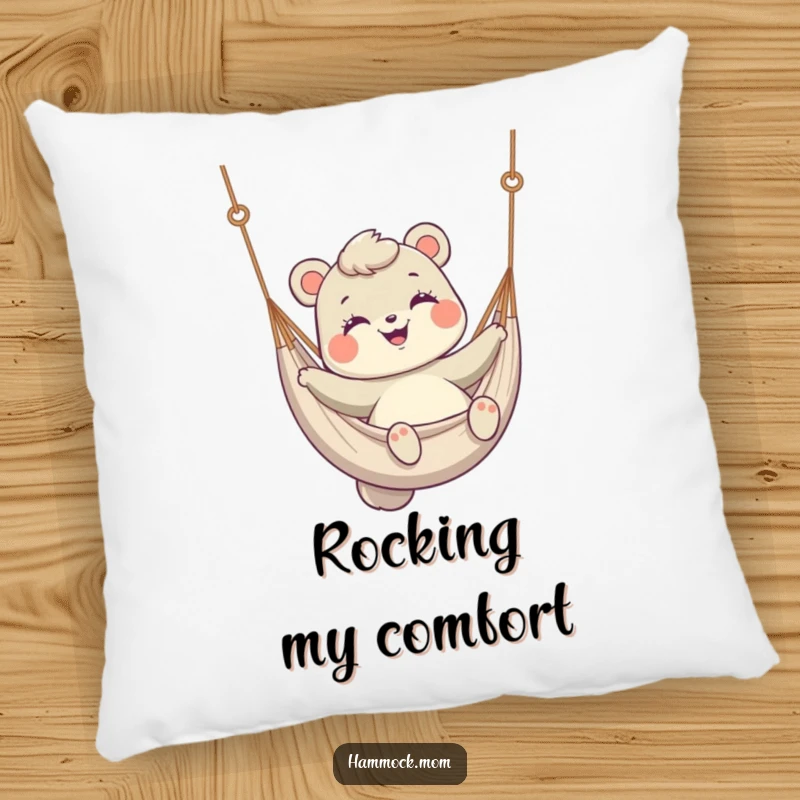 Funny Pillow featuring a mom animal smiling and swinging in a hammock, offering hilarious comfort.