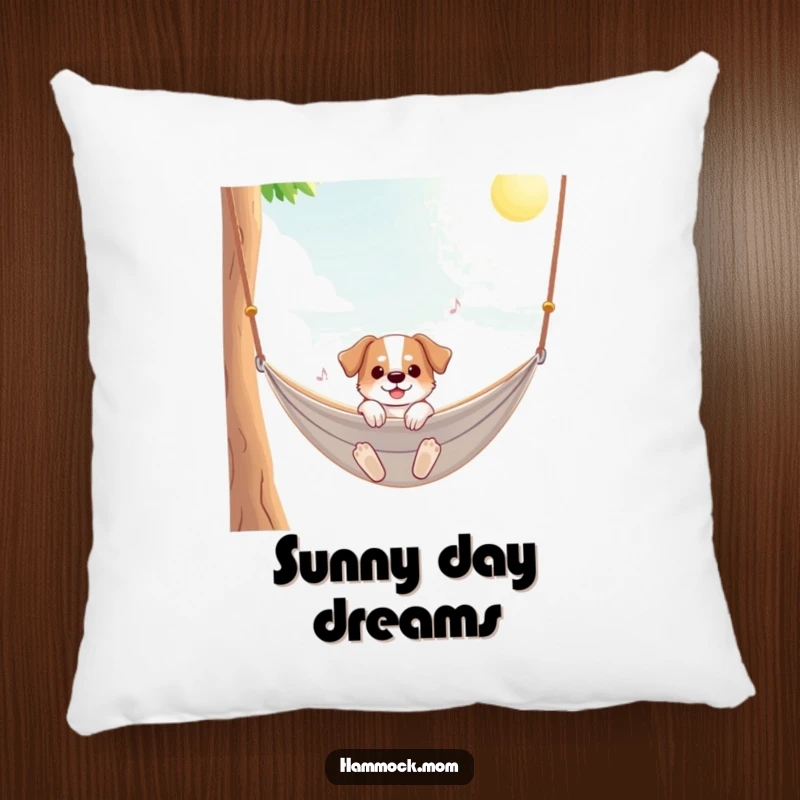 Funny dog pillow showing a dog gently swaying in a hammock under a warm, sunny sky, adding humorous comfort.