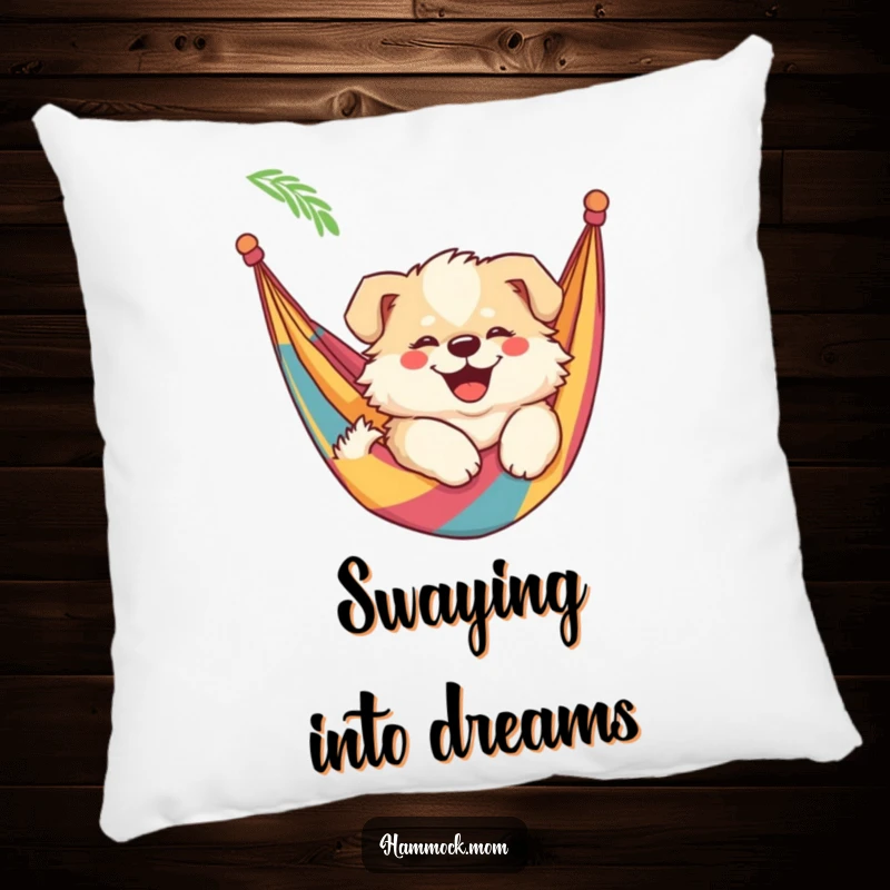 Funny mama dog pillow featuring a fluffy mama dog with a smile, swaying lazily in a colorful hammock, adding comfort and humor.