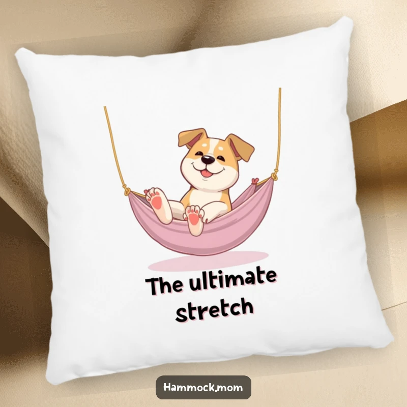 Funny dog pillow depicting a dog lazily stretching its paws in a cozy hammock, perfect for humorous comfort and relaxation.