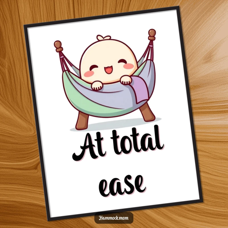 Funny digital art print of a kawaii hammock character with a happy sigh, fully at ease, perfect for relaxing wall decor.