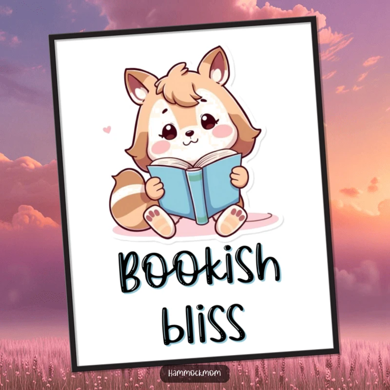 Funny playful animal character lounging with a book, cozy and humorous digital art print.