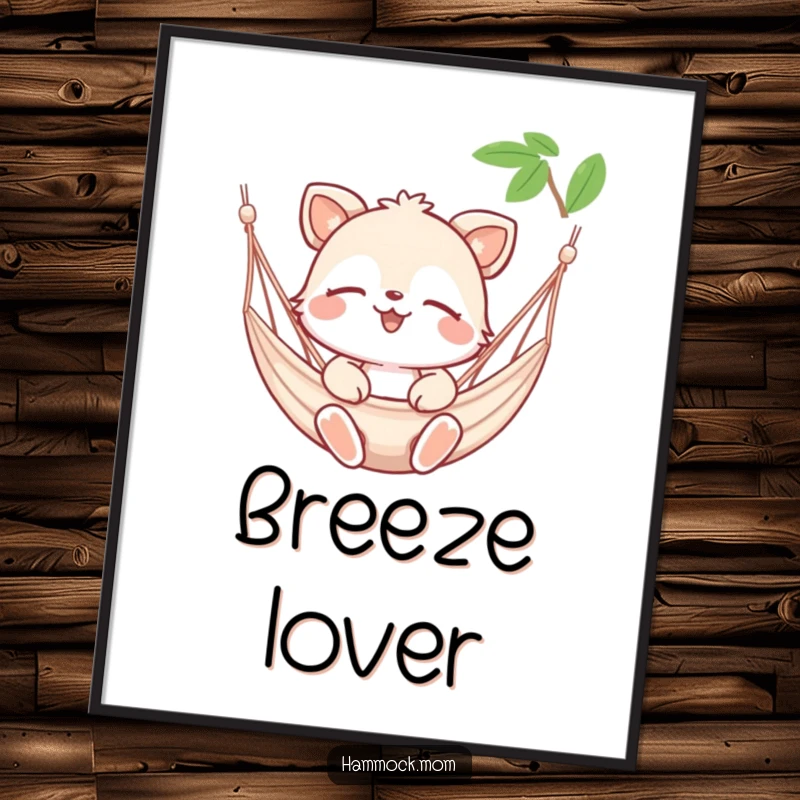 Funny digital art print of a happy animal character eyes closed, enjoying a gentle hammock breeze, bringing serenity.