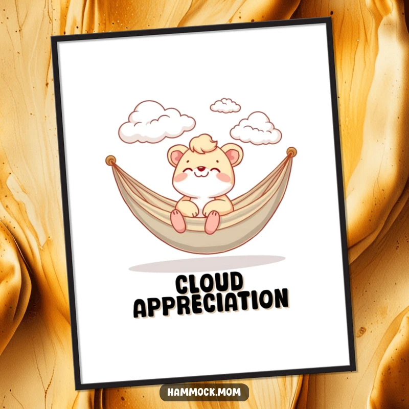 Funny Digital Art Print of a mom animal happily watching fluffy clouds drift by in a hammock, conveying dreamy humor.