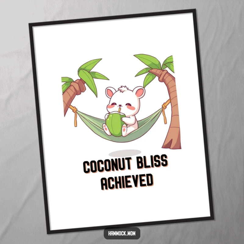 Funny Tropical Animal Digital Art Print showing a character joyfully drinking coconut water, humorous instant gift.