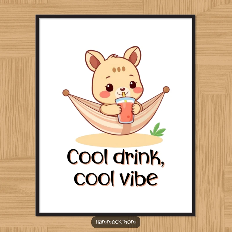 Funny digital art print of a relaxed hammock animal character offering a cool drink with a straw, perfect for immediate humorous wall decor.