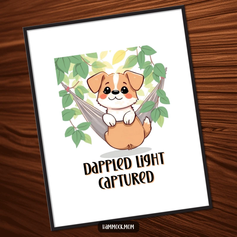Funny dog enjoying dappled sunlight by a hammock, depicted in digital art for instant download, bringing nature's peace and humor, a great funny gift.