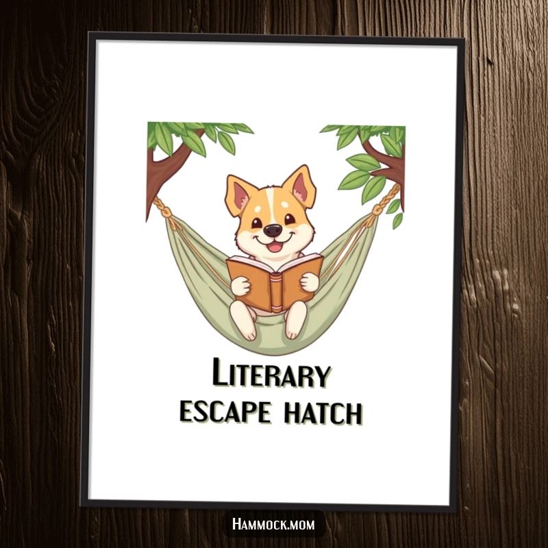 Funny dog digital art print of a dog smirking while reading a book in a hammock, perfect for literary decor.