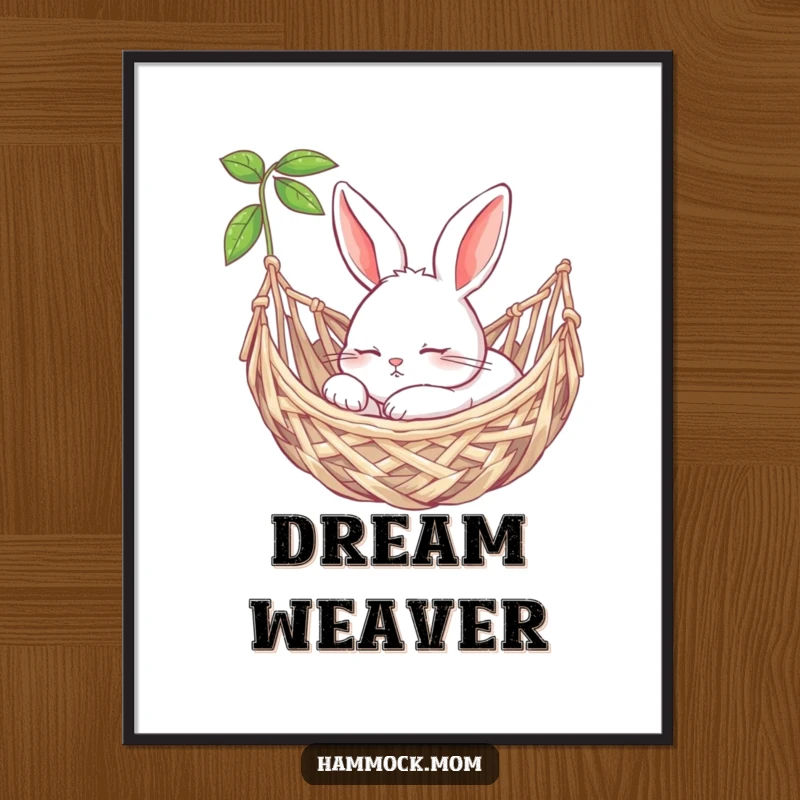 Funny bunny peacefully snoozing in a woven hammock, available as a tranquil digital art print.