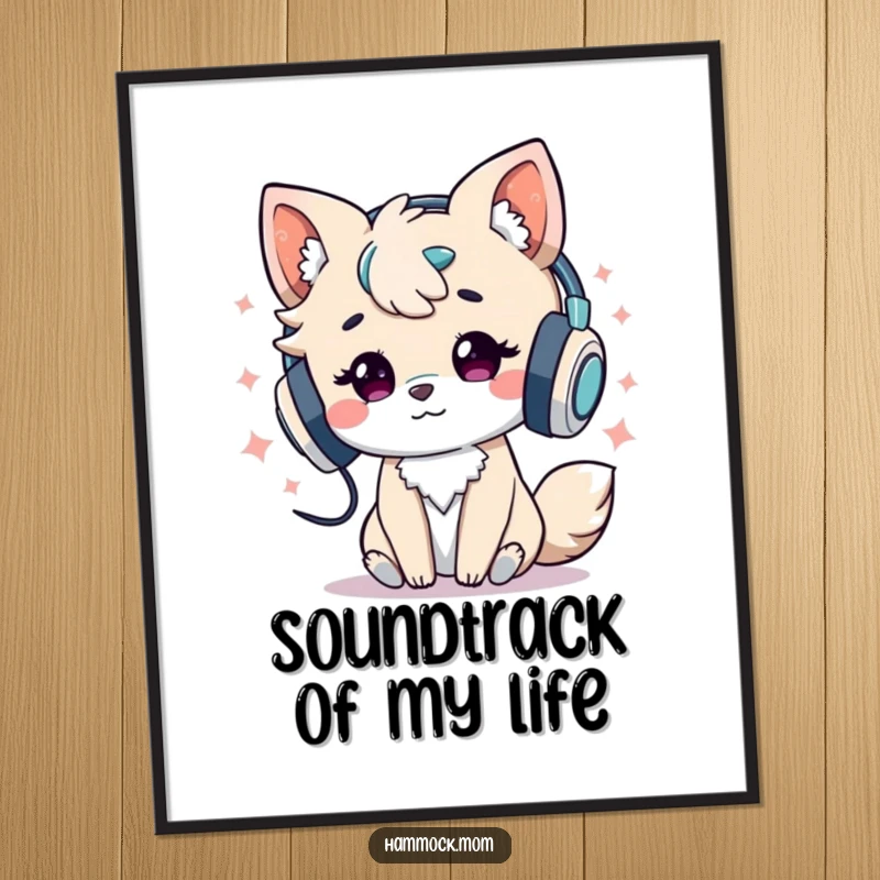 Funny Digital Art Print: Energetic animal character wearing headphones and immersed in music, offering instant download wall art for music lovers.
