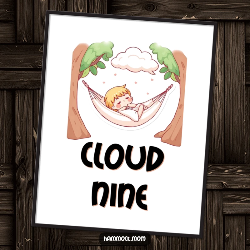 Funny digital art print of a character napping in a hammock with soft, fluffy clouds above, perfect for sweet dreams.