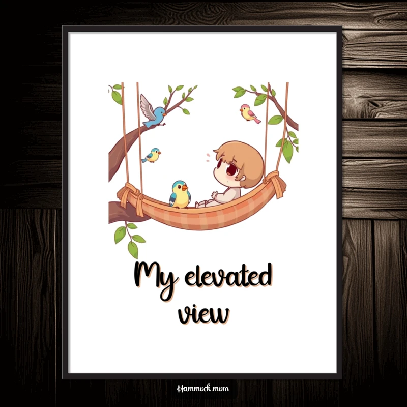 Funny Digital Art Print of a character relaxing in a hammock, looking up at birds, ideal for humorous and charming wall decor.