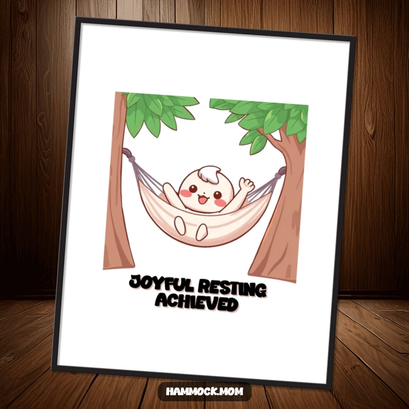 Funny Digital Art: A kawaii character waves joyfully from a hammock, high-quality printable art.