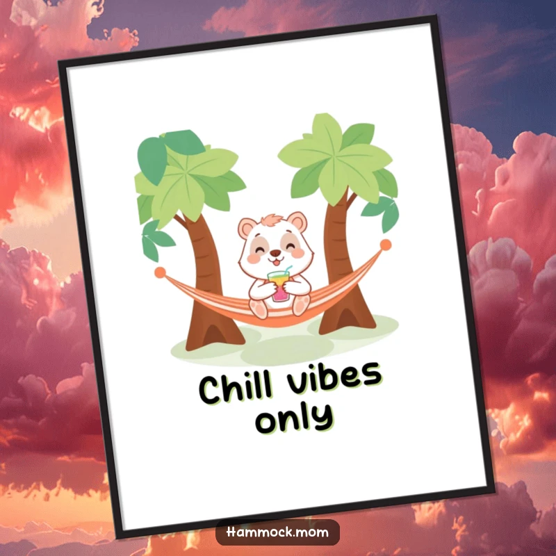 Funny digital art print of a smiling animal character with a drink, relaxing in a hammock, offering instant humorous and calm decor.