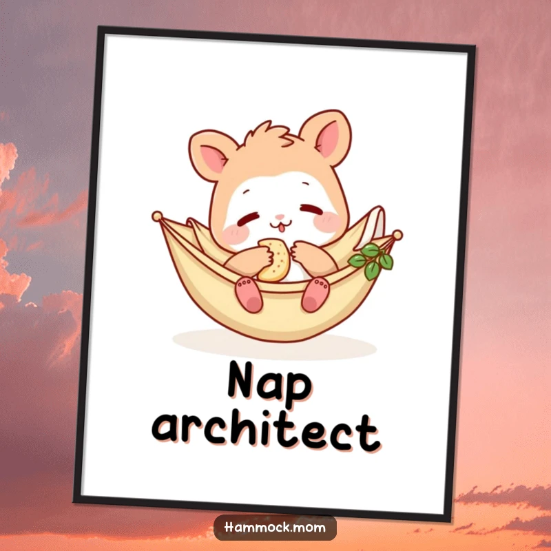 Funny Hammock Mom Animal Digital Art Print: A vibrant illustration of a cartoon mom animal in a hammock, enjoying a snack, for funny decor.