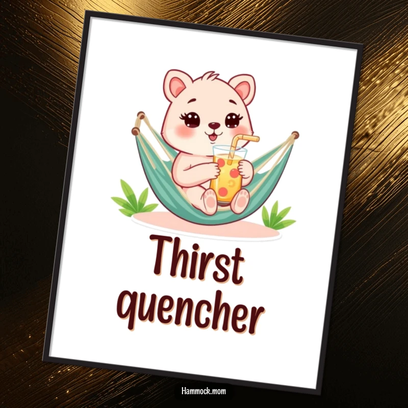 Funny Digital Art Print of a mom animal holding a refreshing drink with a straw in a hammock, conveying cool humor.