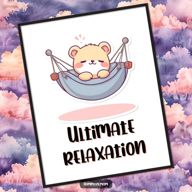 Funny Kawaii Hammock Animal Digital Art Print: Artwork of a cute animal sighing contentedly in a miniature hammock, perfect for wall decor.