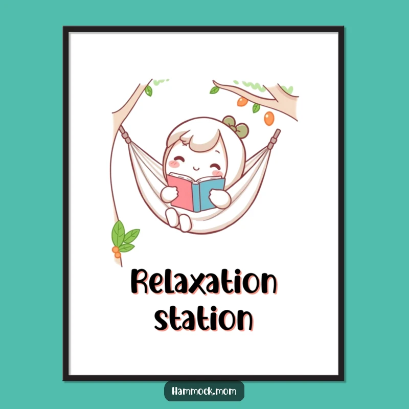 Funny Kawaii Hammock Digital Art Print: Relaxed Reader Wall Art Download