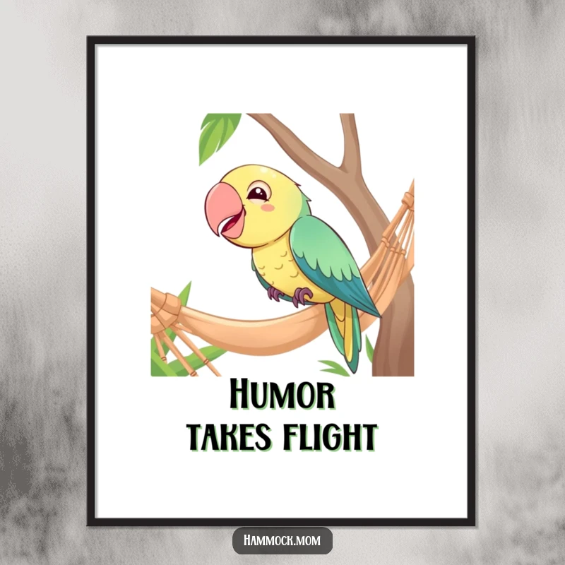 Funny digital art print of a giggling parrot perched amusingly on the edge of a hammock.