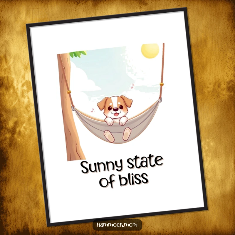 Funny dog digital art print of a dog blissfully swaying in a hammock under a sunny sky, perfect for cheerful decor.