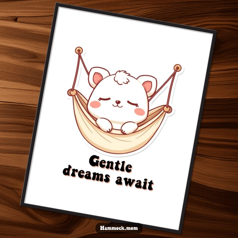 Funny Kawaii Hammock Animal Digital Art Print: Artwork of a cute animal gently swaying in a miniature hammock, eyes closed, perfect for wall decor.