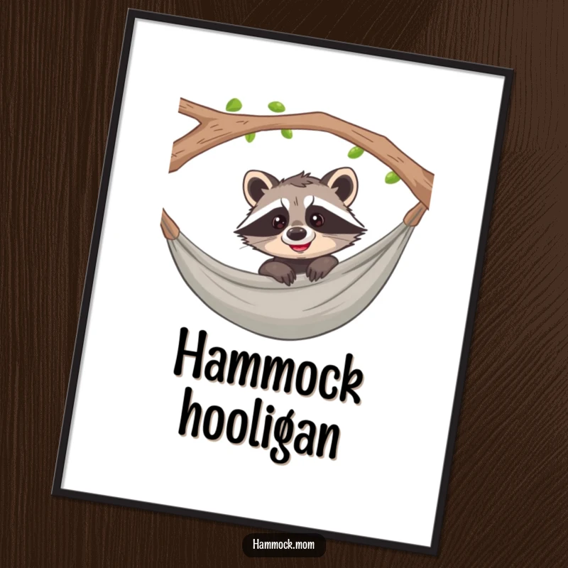 Funny raccoon peeking with a curious grin from a hammock, available as a high-resolution digital art print.