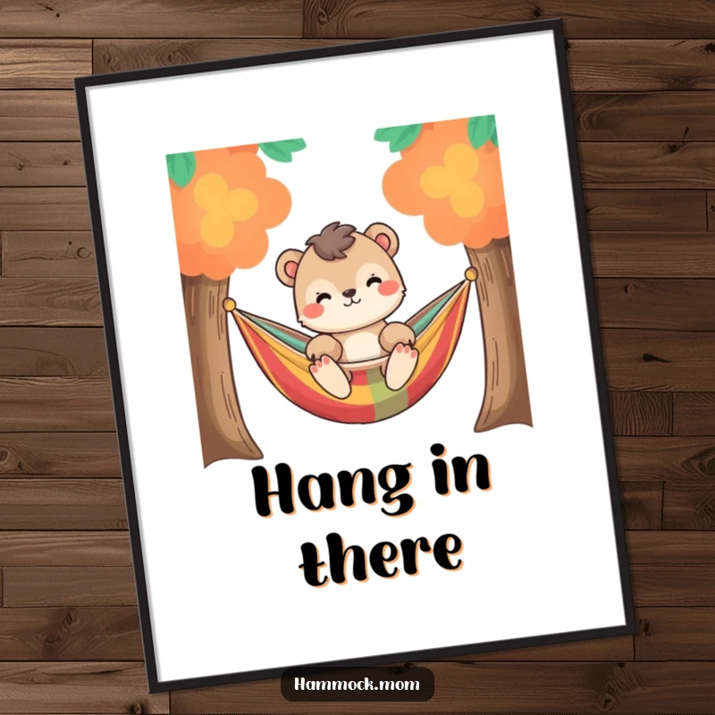 Funny relaxed animal character gently swaying in a colorful hammock between two trees, as chill digital art for instant wall decor.