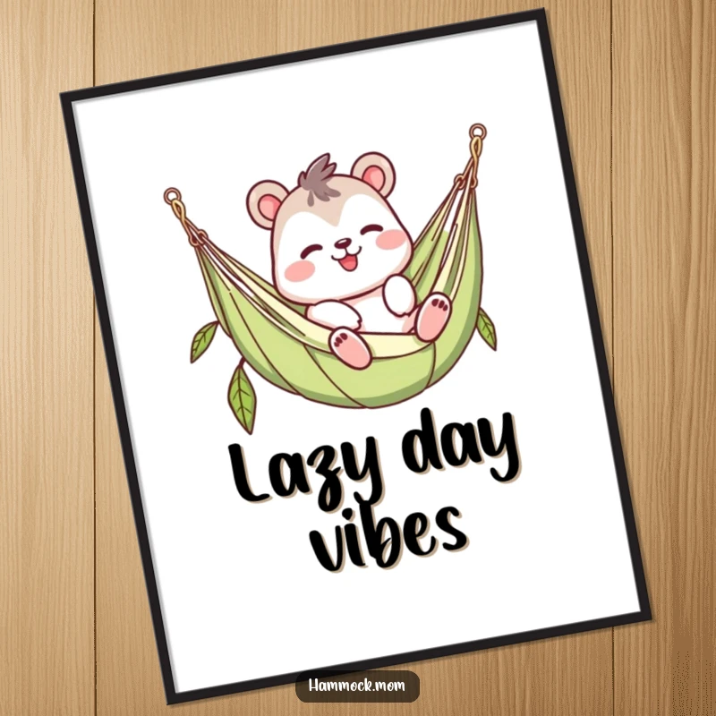 Funny waving animal character digital art, lazy in a hammock, instant printable decor, relaxed animal art, humorous gift.