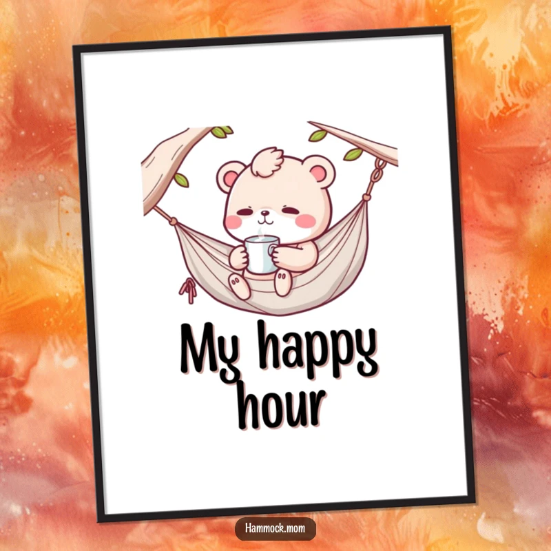 Funny Kawaii hammock animal sipping a drink in a hammock, a humorous and serene digital art print.