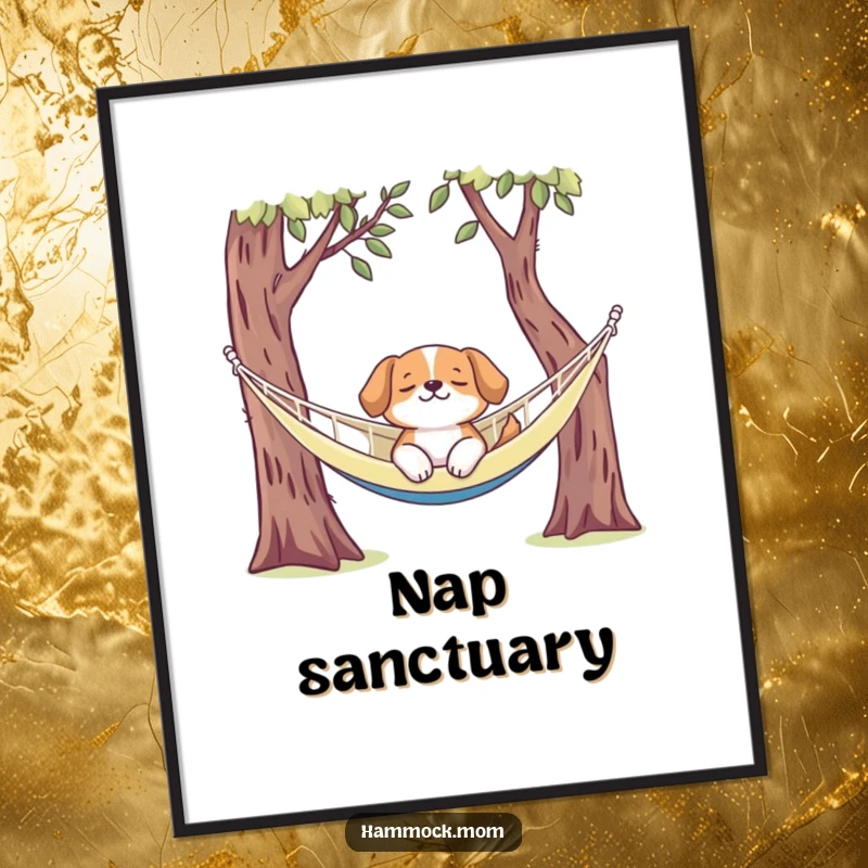 Funny dog digital art print of a dog blissfully lounging in a hammock, ready for instant humorous wall decor.