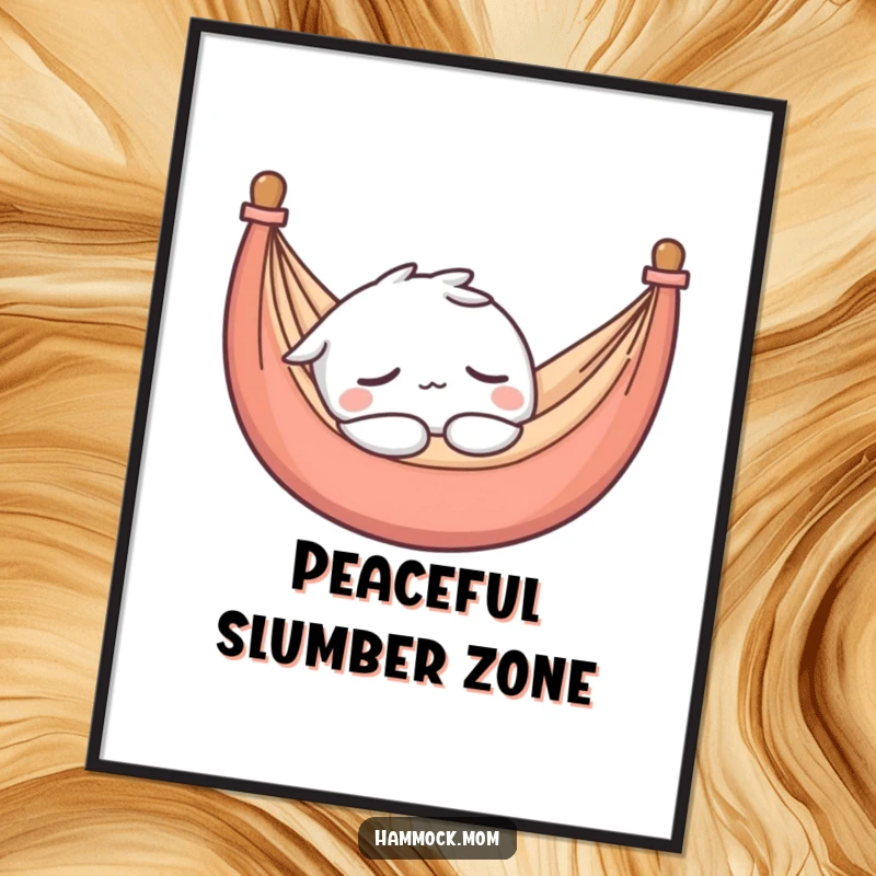Funny digital art print of a kawaii hammock character asleep, radiating peace and suitable for wall decor.