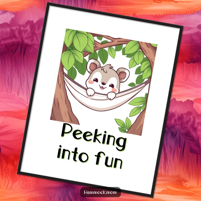 Funny digital art print of a curious animal character peeking from a hammock with a grin, offering instant humorous decor and a sense of playful intrigue.