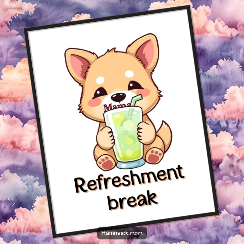Funny mama dog digital art print of a mama dog with a relaxed expression, holding a refreshing drink with a straw, perfect for cool decor.