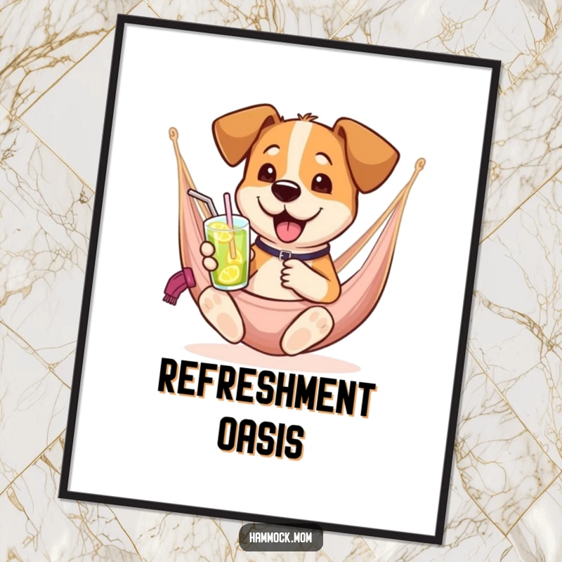 Funny dog digital art print of a dog relaxing in a hammock with a drink, perfect for humorous, festive decor.