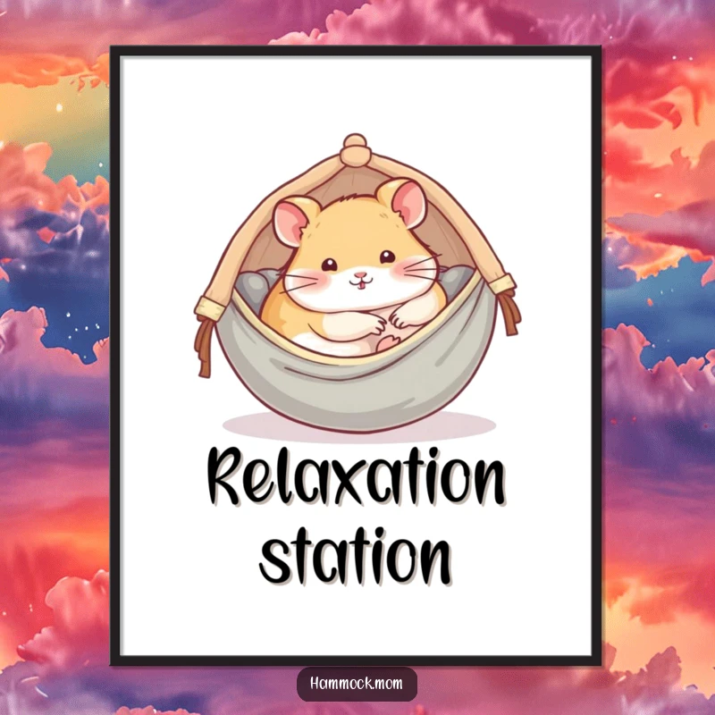 Funny digital art print of a delightful hamster comfortably curled up in a tiny, cozy hammock.